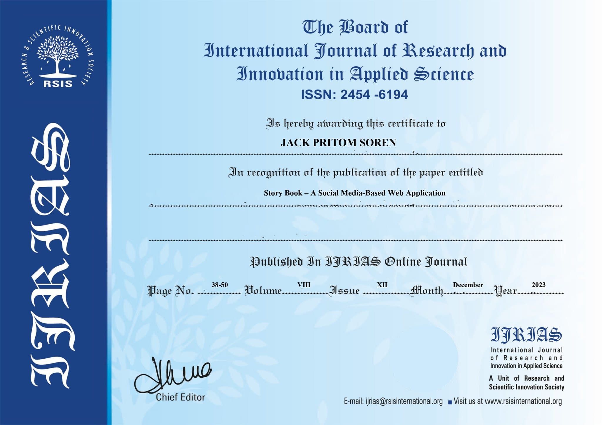 Story Book Research Paper Certificate